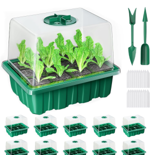 YAUNGEL Seed Starter Tray, 10 Pack 120 Cells Thicken Seed Starter Kit with Heightened Lids Humidity Dome Seedling Starter Trays for Indoor Gardening Plant, Green