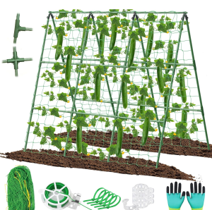 Adjustable Cucumber Trellis – 45x53" A-Frame with Net & Clips for Raised Beds