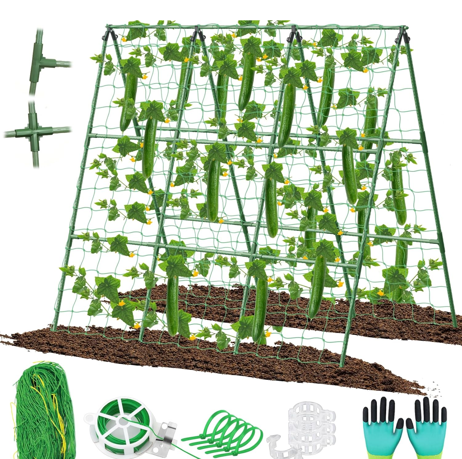 Adjustable Cucumber Trellis – 45×53″ A-Frame with Net & Clips for Raised Beds