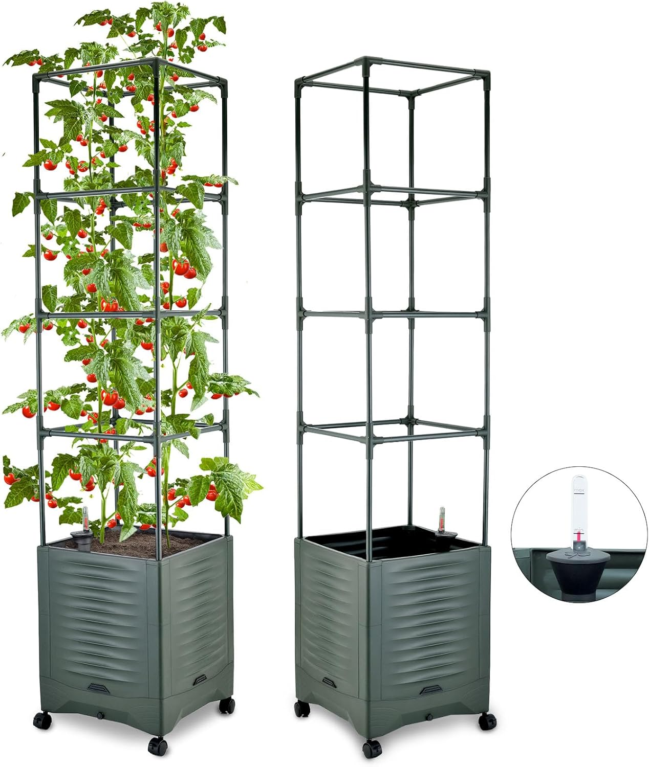 Tomato Planter Pot Tomato Box Raised Garden Bed 56.5″ Tall Self-Watering and Water Indicator Planter for Tomato Outdoor Indoor Metal Trellis for Climbing Plants Large Reservoir